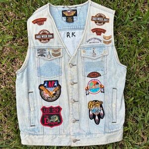 Vintage Harley Davidson Button Up Blue Denim Biker Vest Patches Men’s Medium
